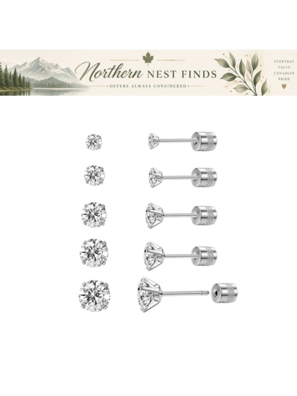 20G Threadless Flat Back Stud Earrings Cubic Zirconia Stainless Steel 5 Pairs
